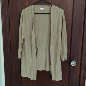 J.Jill Camel Brown 3/4 Fringe Sleeve Open Linen Blend Cardigan Size Med Petite
